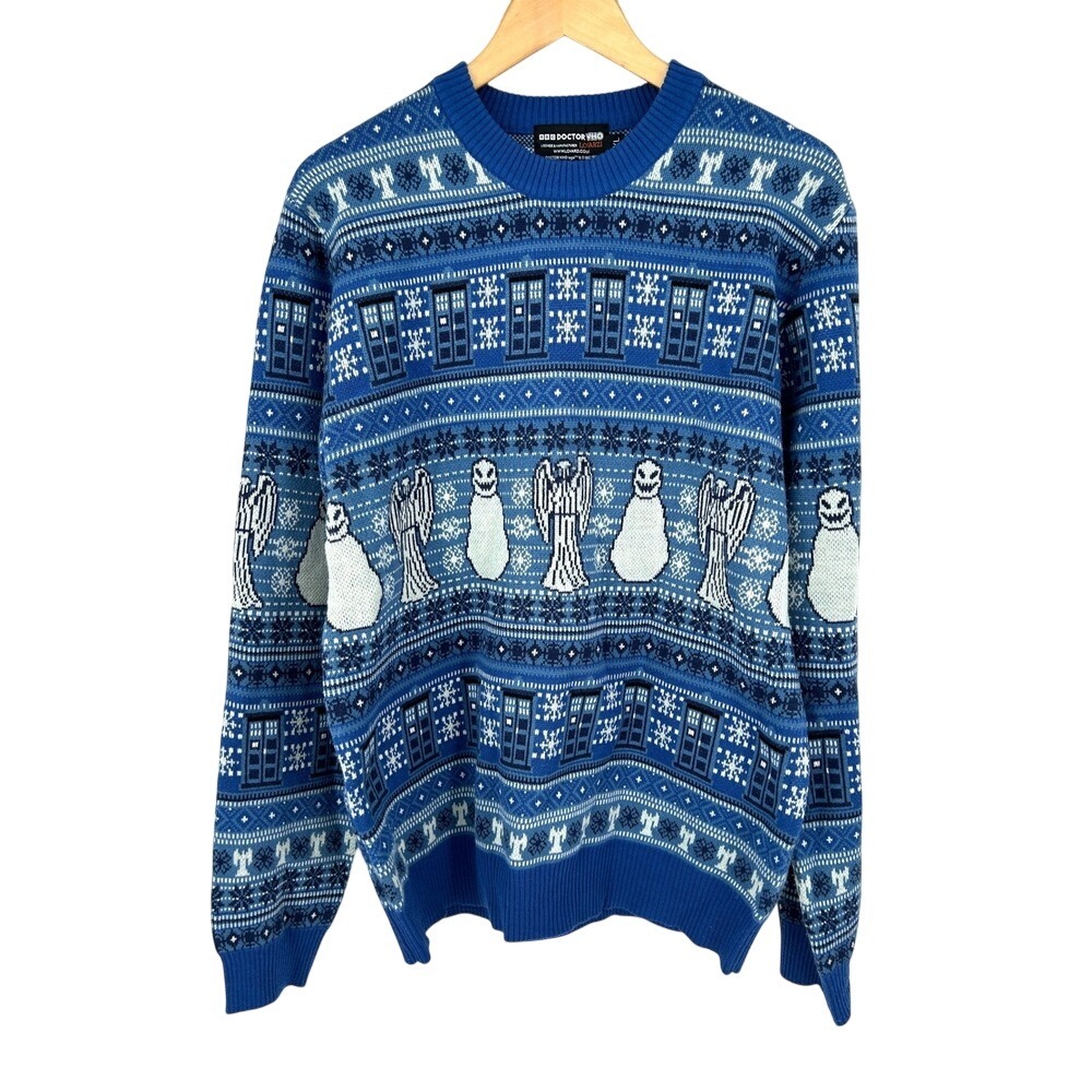 Lovarzi Doctor Who Sweater Mens XL Blue TARDIS‎ Weeping Angel Fair Isle Holiday